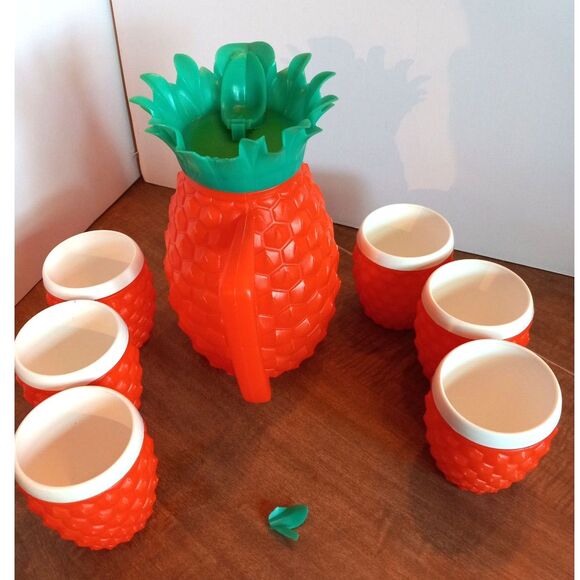 Vtg 7-Piece Minerware Pineapple Pitcher Set Blow Mold COMPLETE BUT WITH DAMAGE - Picture 3 of 8